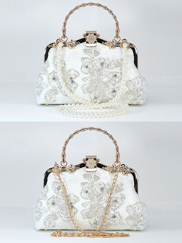 Handbag Floral Pearl and Evening White Lace Elegant with FashionChic