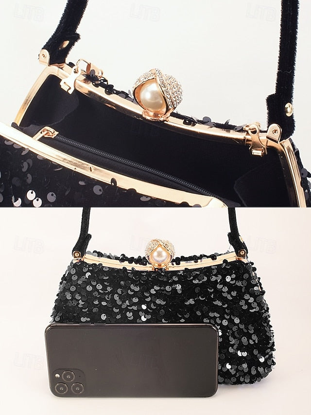 – Women's Evening Pearl Accent Sequin Black Clutch with FashionChic