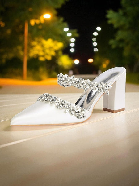 with Heel Mules Satin Floral Block Women's Black Rhinestone FashionChic