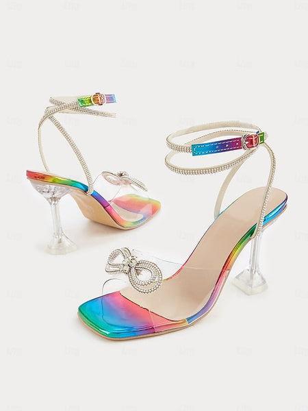 Rainbow Heels Colorful Detail - Heel with Bow Clear High Crystal FashionChic