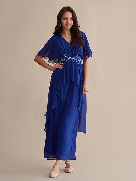 Embroidered Wedding Sequin Flare Guest Chiffon Blue Royal Cuff FashionChic
