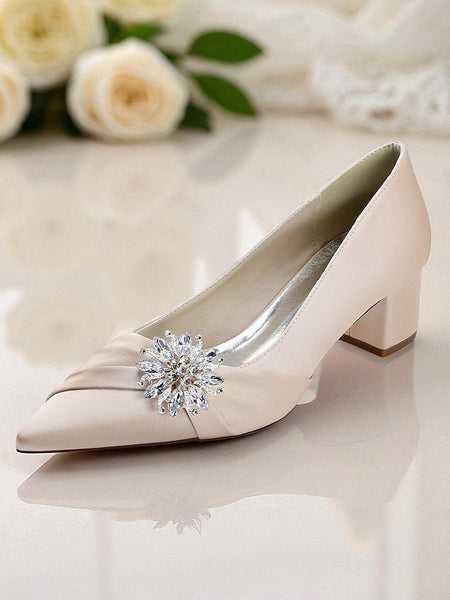 Block Heel Low Crystal Pumps Women's with White FashionChic
