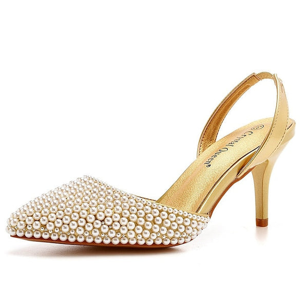 with Pearl Women's Slingback Embellishments White – Heels FashionChic