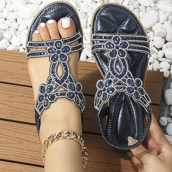 T-Strap Sandals Women's Silver Boho Rhinestone Flat – FashionChic