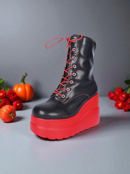 Red Ankle and Lace-Up Platform Women's Boots Black - Bold FashionChic