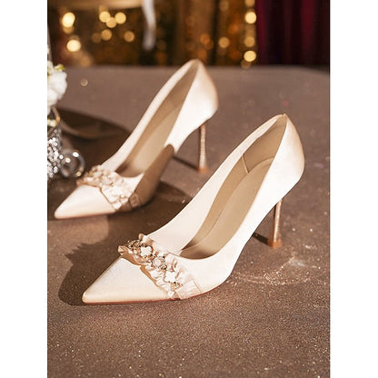 Satin with Pointed Heel Ruffle High Pumps Toe Women's White FashionChic