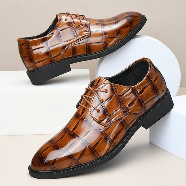 Shoes Dress Leather Brown Crocodile-Pattern Men's FashionChic