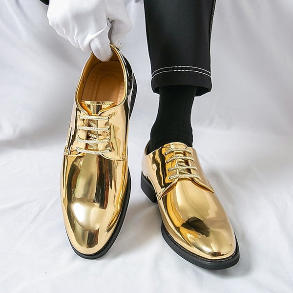 for Shiny Shoes Leather Men Sleek Gold – Patent Lace-Up FashionChic