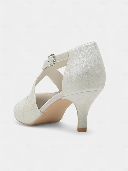 Glitter Heels Cross with Kitten White Strap Rhinestone Buckle FashionChic