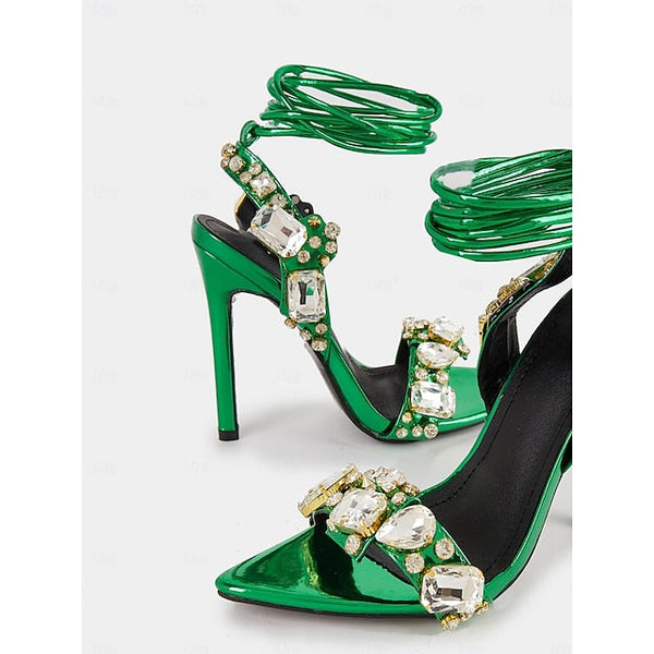 Heels Women's Stiletto with Green Metallic Lace-Up FashionChic
