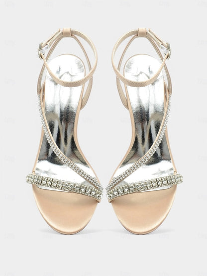 – Sophisticated Heels Strappy Champagne Satin Rhinestone FashionChic