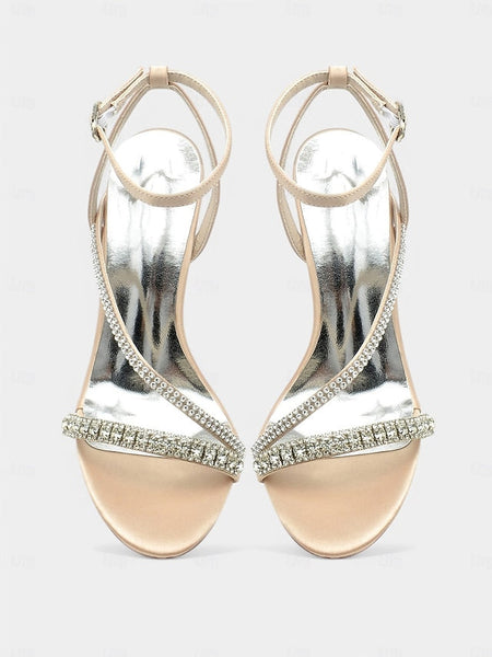 – Sophisticated Heels Strappy Champagne Satin Rhinestone FashionChic