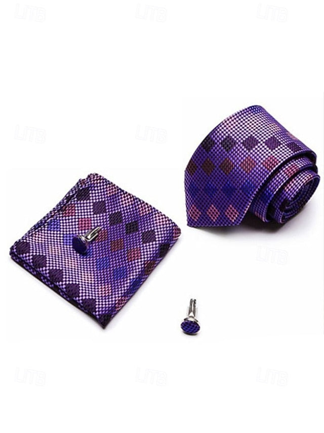 and Square Checkered Men's Pocket Purple Silk Tie – Set FashionChic