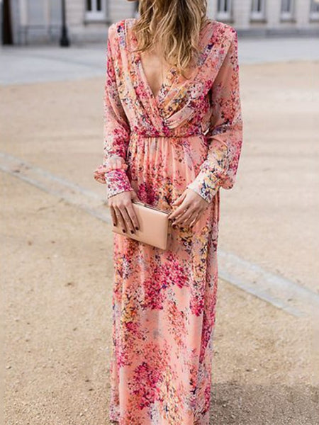 Women's Swing Dress Maxi long Dress Pink Long Sleeve Floral