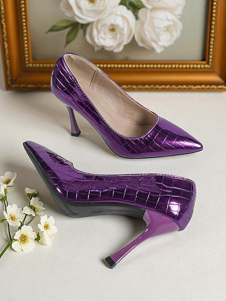 Leather Pointed Heels PU Toe Silver Patent Women's FashionChic