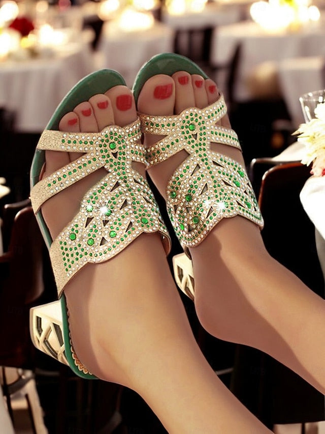 Embellished Green - Gold Rhinestone Sandals and Heeled FashionChic
