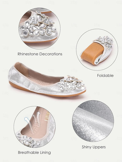 Rhinestone Flats Women's Foldable with Silver FashionChic