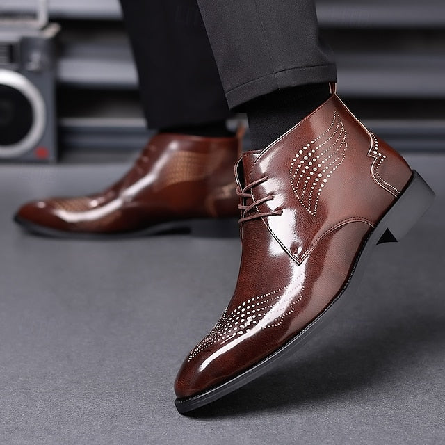 Wingtip Glossy Brogue Burgundy Leather Men's Ankle Faux FashionChic