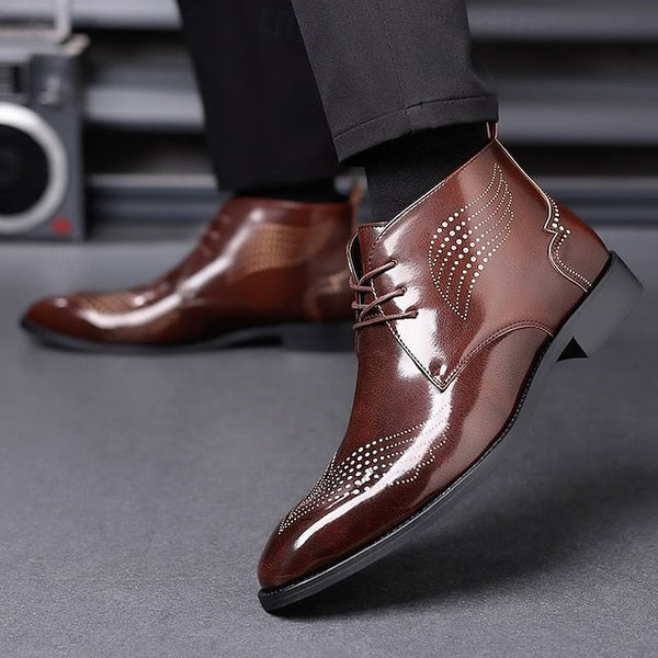 Wingtip Glossy Brogue Burgundy Leather Men's Ankle Faux FashionChic