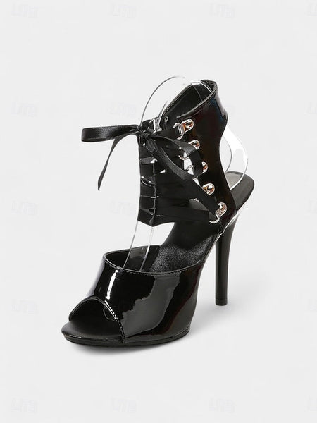 Patent Stiletto Lace-Up Cutout Women's Sandals - Sexy Black FashionChic