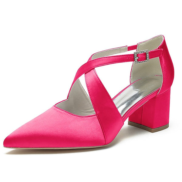 Heels White Pointed Satin Toe Block Women's – Elegant FashionChic