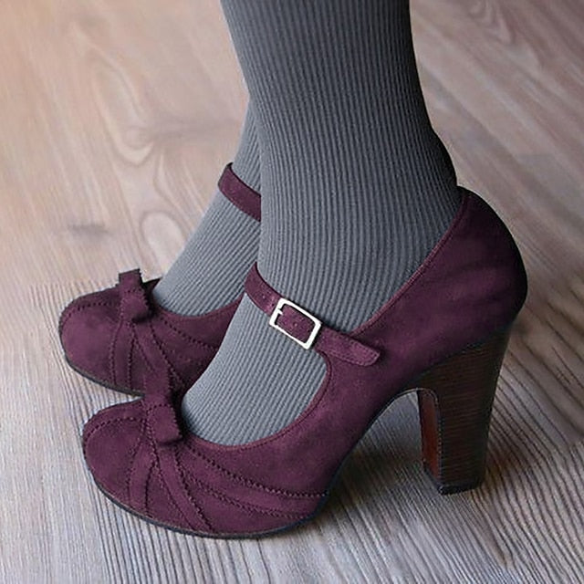 Suede and Heels Bow Jane with Mary Red Detail Black Women's FashionChic