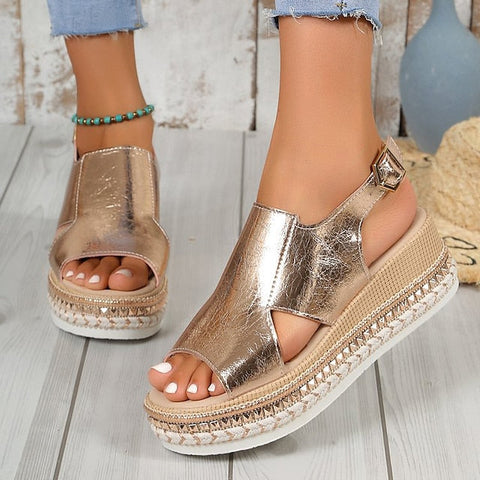 Metallic Women's Espadrille Faux Platform Gold Leather FashionChic