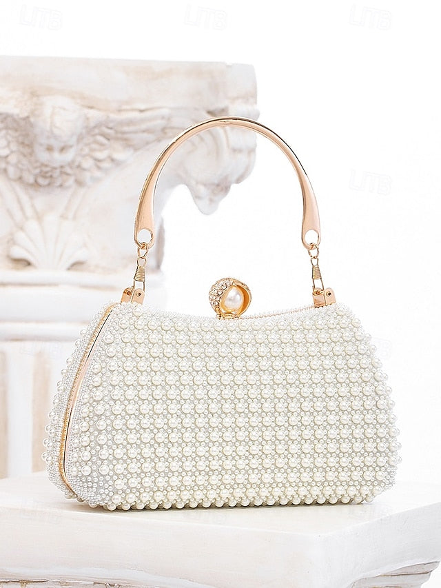 Pearl Handle Clutch Bag Beaded Gold with Evening Women's FashionChic