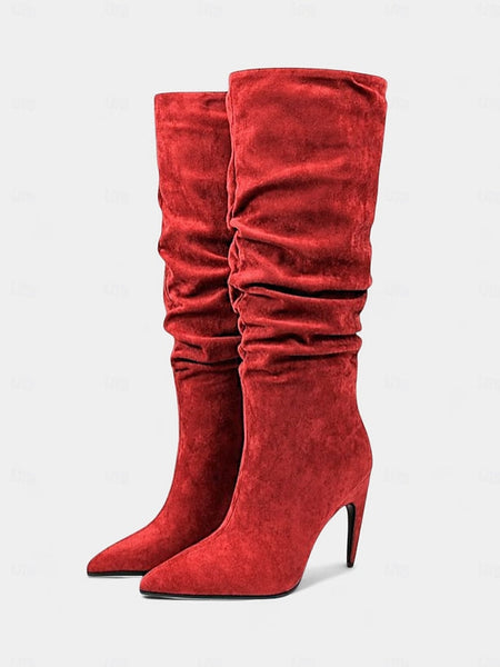 Knee Green Boots Slouch High Women's - Velvet Toe Pointed FashionChic