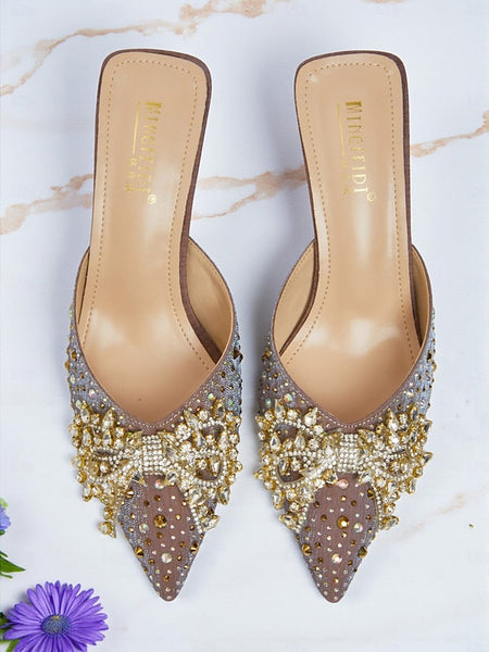 Slip-On Toe Glitter Pointed Rhinestone Mules - Women's FashionChic