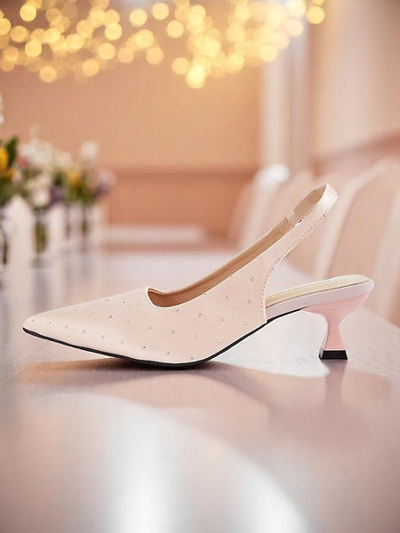 Satin Rhinestone Heels Women's with Kitten Studs Slingback FashionChic