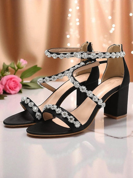 White Elegant Rhinestone - Women's Open Heel Block Sandals FashionChic
