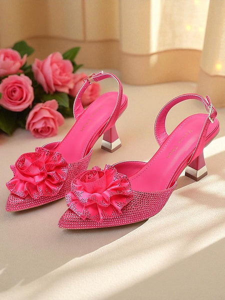 Women's Floral Heels Purple Slingback with Rhinestone FashionChic