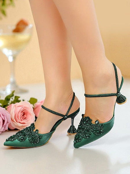 Rhinestone Gold Toe Pointed Embellished Satin Women's FashionChic