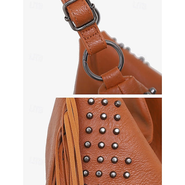 - Brown Leather Boho Studded Bag Women's Hobo Skull Fringe FashionChic