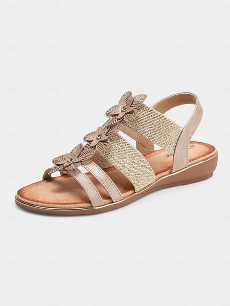 Sandals Women's Rhinestone Floral – Flat Elegant Beige FashionChic