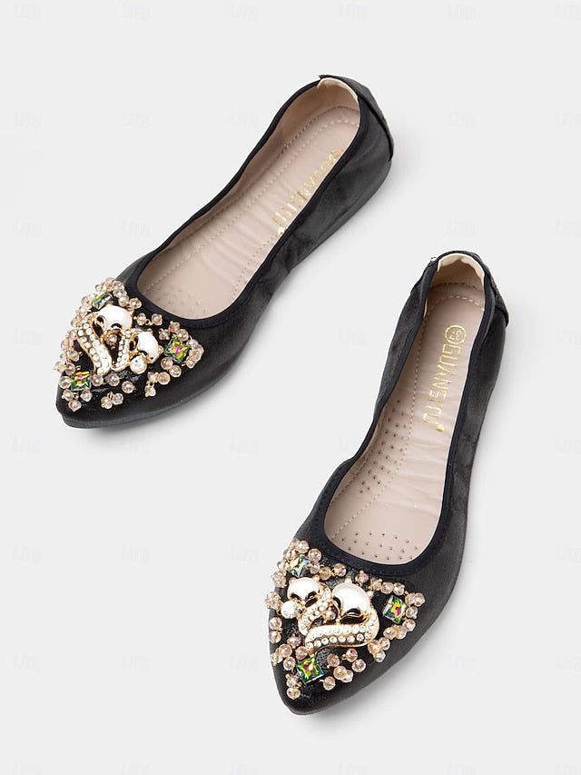 Women's with Black Flats Ballet Rhinestone Foldable FashionChic