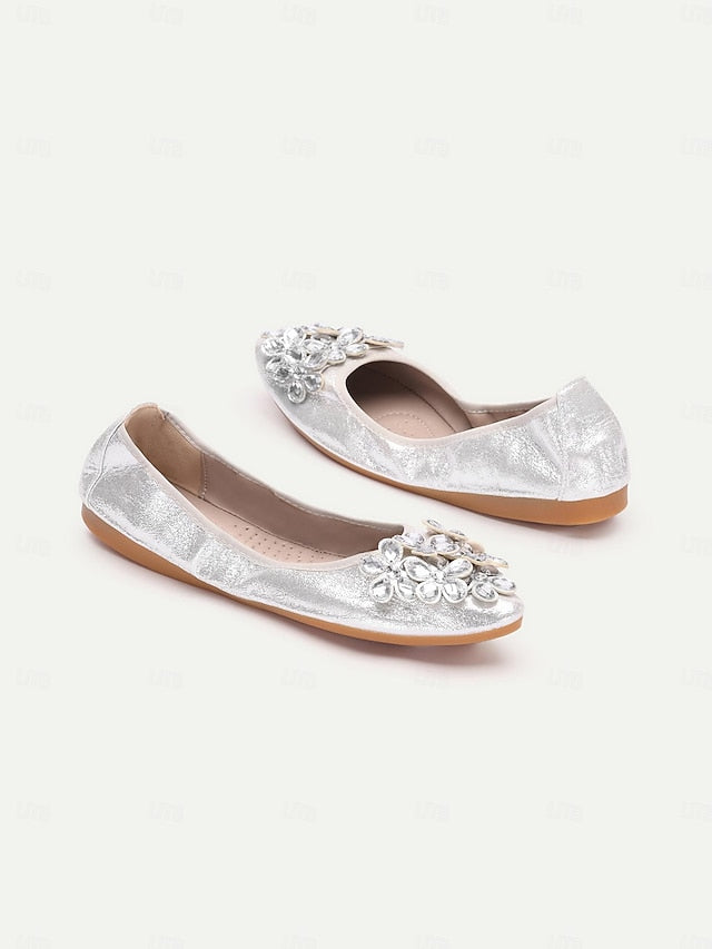 Rhinestone Flats Women's Foldable with Silver FashionChic