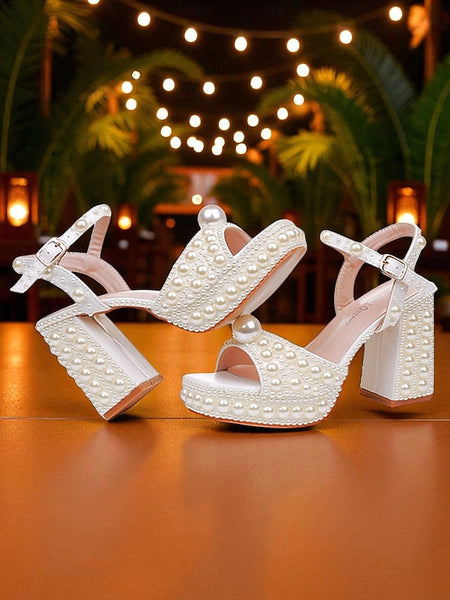 White Embellished Block Women's Platform Pearl Heel Sandals FashionChic