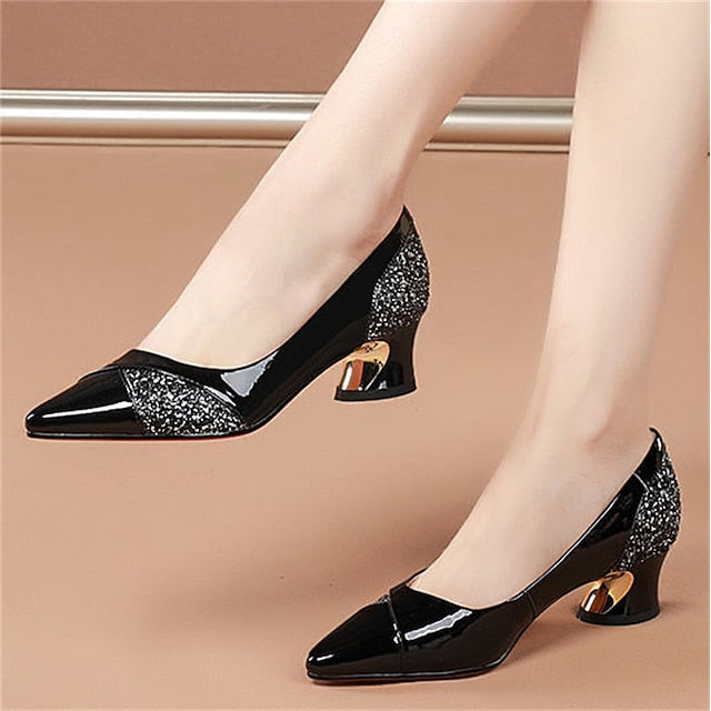 Patent Women's Heels Block Leather Faux Glitter-Accented FashionChic