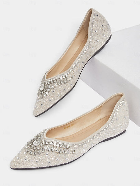 with Pointed Crystal Flats Glitter Women's Toe Silver FashionChic