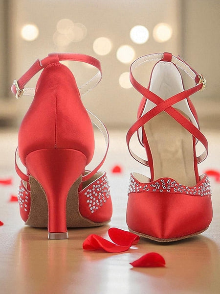 - Cross Shoes Dance Toe Ballroom Closed Red Satin Women's FashionChic