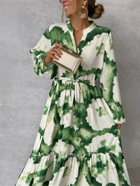 Women's Floral Stand Collar Maxi Dress Long Sleeve Spring