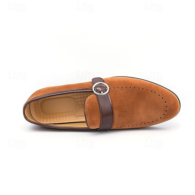 with Loafers Slip-On Suede Buckle Strap Brown Men's Faux FashionChic