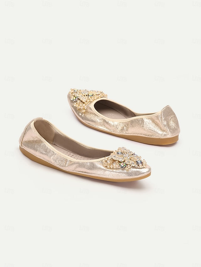 Women's Foldable Glitter Crystal Gold Flats with FashionChic