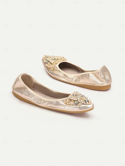 Women's Foldable Glitter Crystal Gold Flats with FashionChic