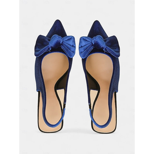 Bow Toe Blue with Heels Pointed Women's Slingback Velvet FashionChic