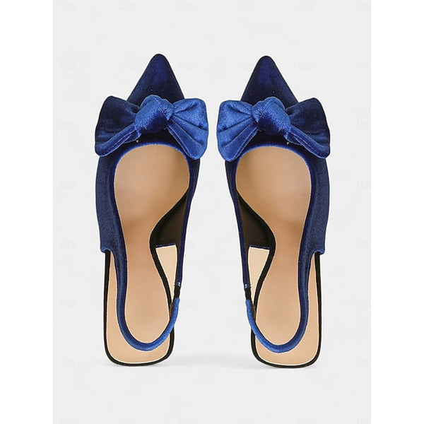 Bow Toe Blue with Heels Pointed Women's Slingback Velvet FashionChic