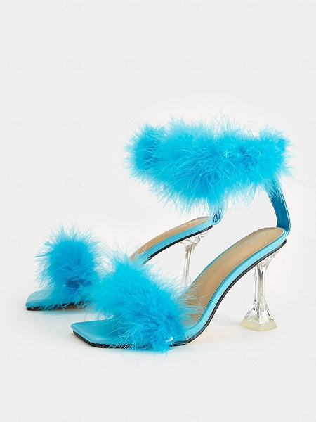 Clear Heel with Turquoise Sandals Feather-Embellished High FashionChic
