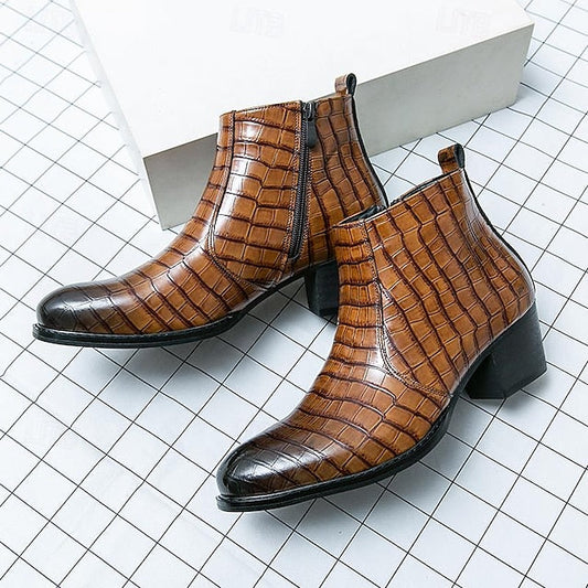 Leather - Faux Boots Men's Pattern Crocodile Ankle Brown FashionChic